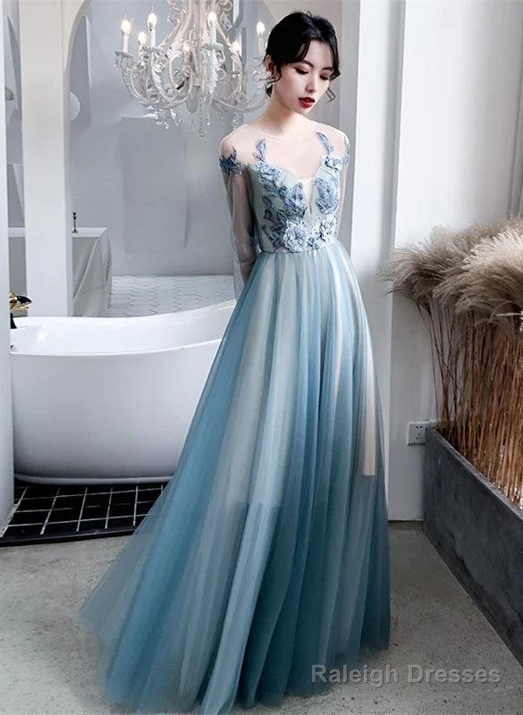 Blue Long Sleeves Tulle Prom Dresses With Lace Applique Blue Prom Dresses