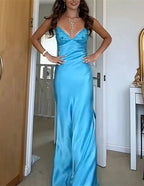 Blue Long Straps Sweetheart Party Dress Formal Dress, Blue Satin Evening Dress