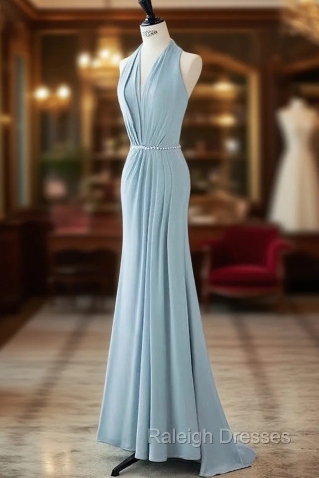 Blue Mermaid Halter Pleats Pearls Prom Dress Main image
