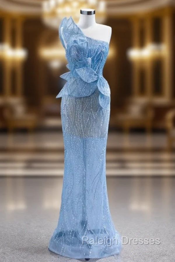 Blue Mermaid One Shoulder Sequins Prom Dresses