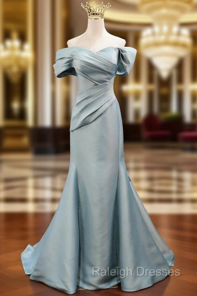 Blue Mermaid Satin Off the Shoulder Pleats Prom Dress