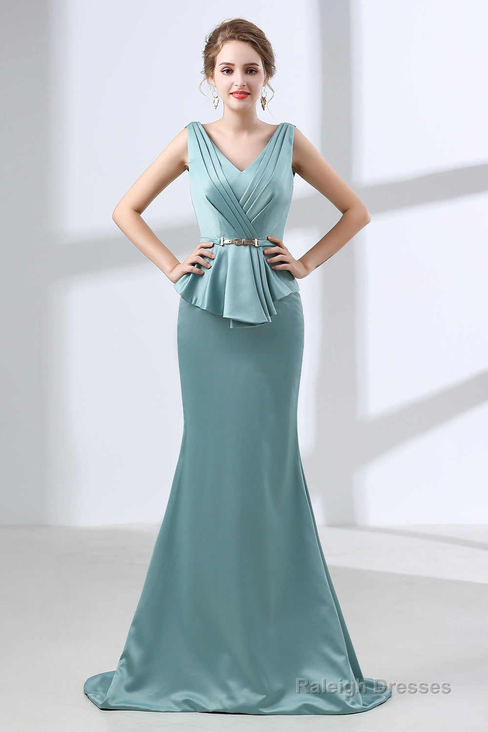Blue Mermaid Satin V-neck Backless Prom Dresses With Sash Main image
