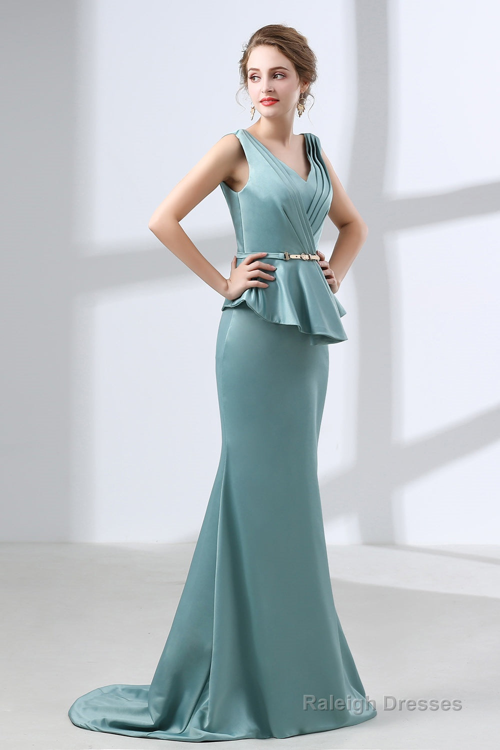 Blue Mermaid Satin V-neck Backless Prom Dresses With Sash