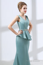 Blue Mermaid Satin V-neck Backless Prom Dresses With Sash