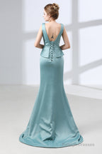Blue Mermaid Satin V-neck Backless Prom Dresses With Sash