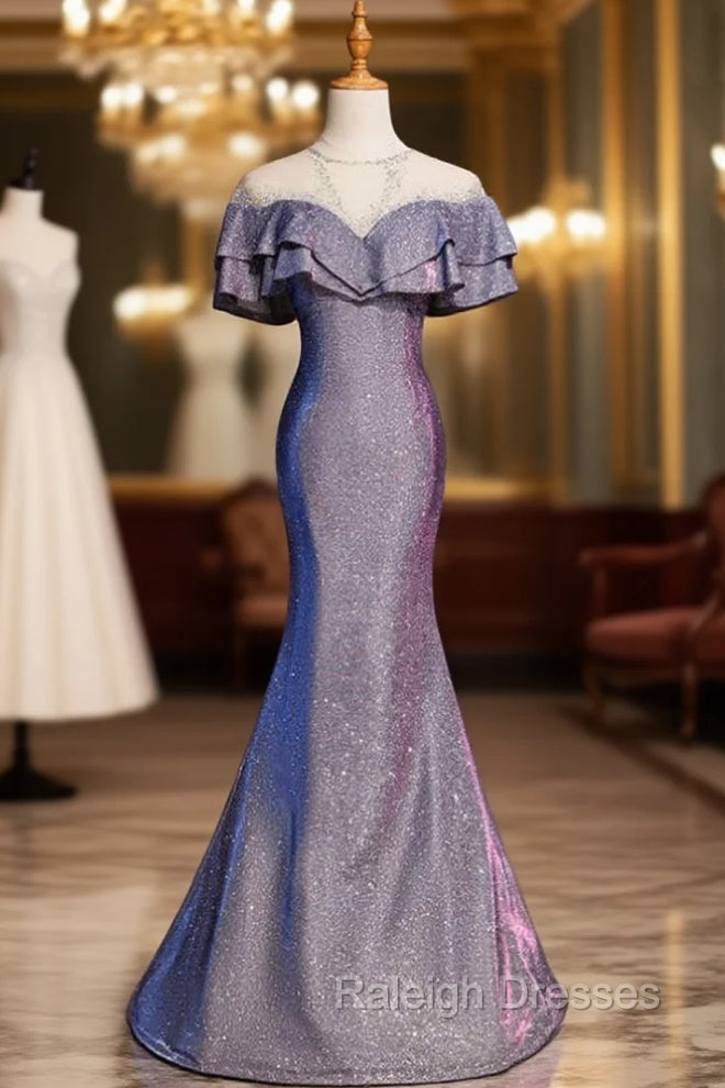 Blue Mermaid Scoop Short Sleeve Beading Prom Dress