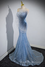Blue Mermaid Sequin Sheer Straps Scalloped Long Prom Dresses