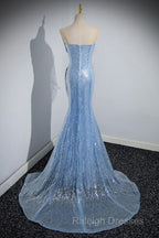 Blue Mermaid Sequin Sheer Straps Scalloped Long Prom Dress