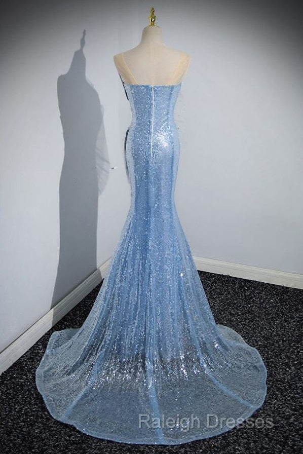 Blue Mermaid Sequin Sheer Straps Scalloped Long Prom Dress