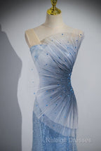 Blue Mermaid Sequin Sheer Straps Scalloped Long Prom Dress