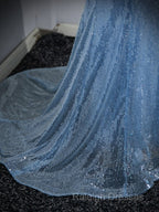 Blue Mermaid Sequin Sheer Straps Scalloped Long Prom Dresses