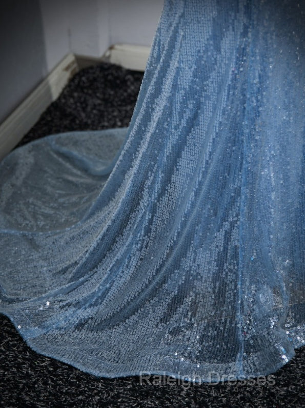 Blue Mermaid Sequin Sheer Straps Scalloped Long Prom Dresses