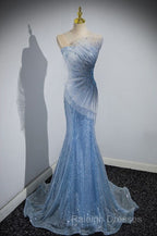 Blue Mermaid Sequin Sheer Straps Scalloped Long Prom Dress
