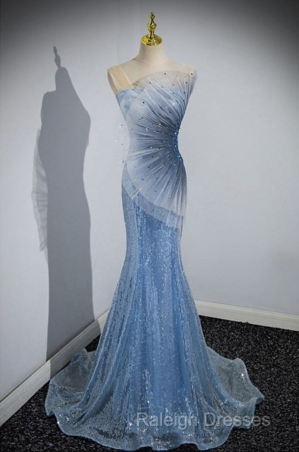 Blue Mermaid Sequin Sheer Straps Scalloped Long Prom Dress