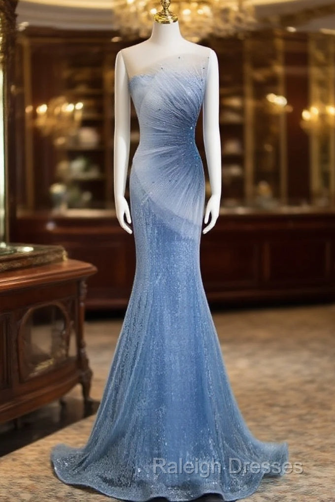 Blue Mermaid Sequin Sheer Straps Scalloped Long Prom Dress