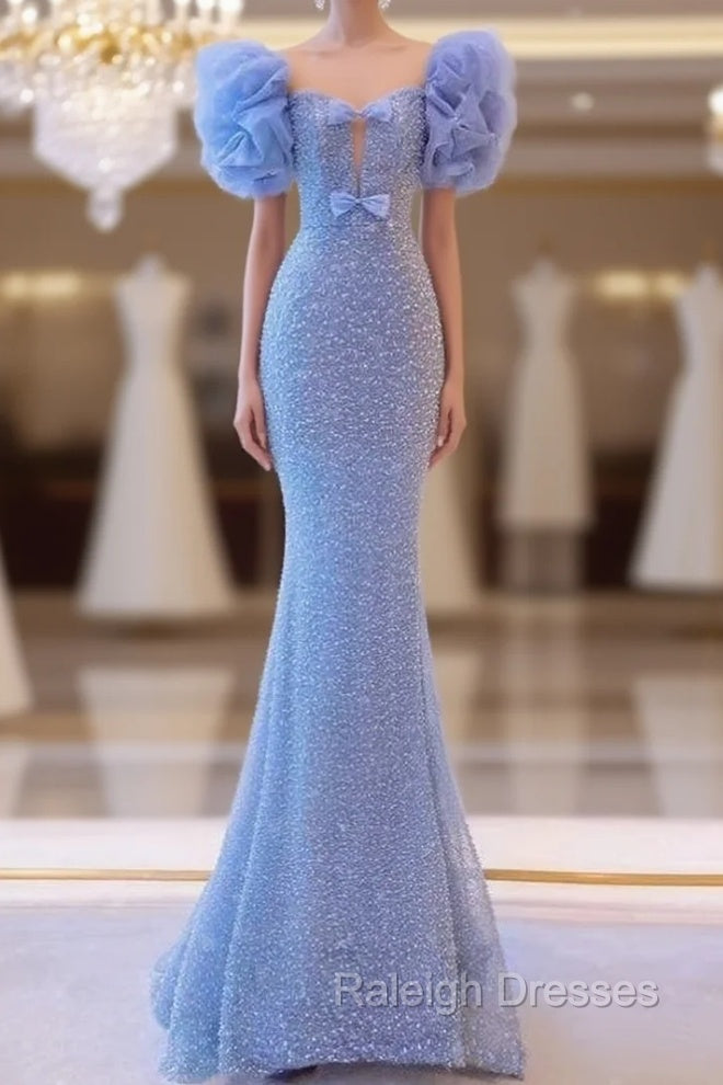 Blue Mermaid Sequins Bow Prom Dress Main image