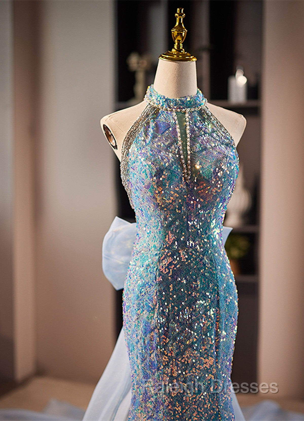 Blue Mermaid Sequins Halter Long Prom Dresses with Bow Blue Sequins Prom Dresses