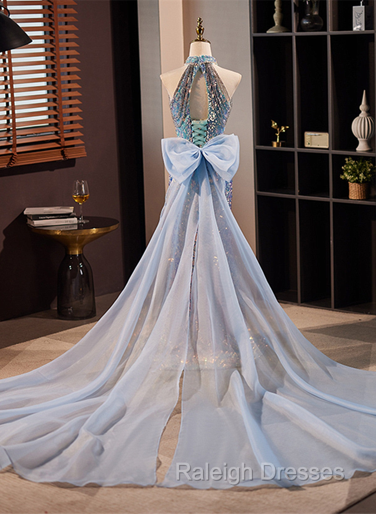 Blue Mermaid Sequins Halter Long Party Dress with Bow, Blue Sequins Prom Dress Secondary image