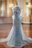Blue Mermaid Sequins Halter Long Party Dress with Bow, Blue Sequins Prom Dress