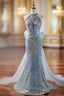 Blue Mermaid Sequins Halter Long Prom Dresses with Bow Blue Sequins Prom Dresses