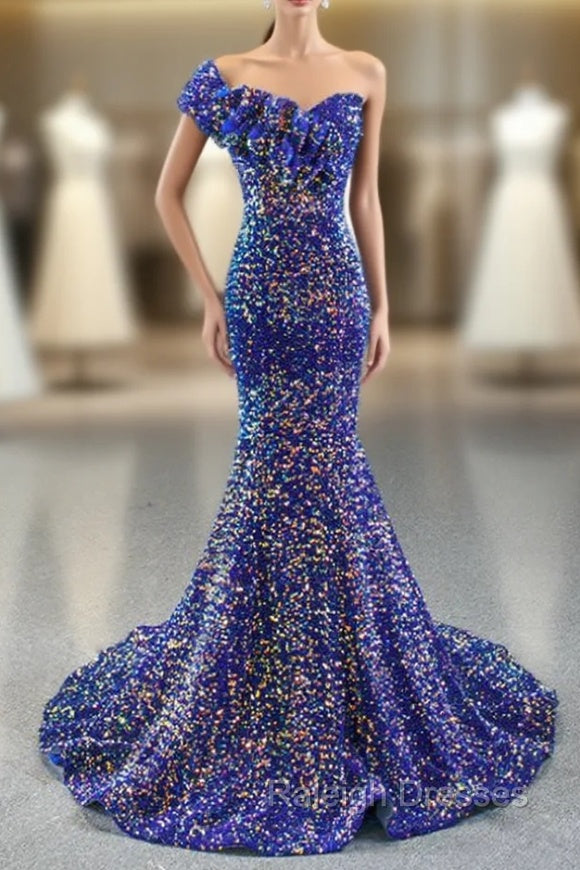Blue Mermaid Sequins One Shoulder Ruffles Prom Dress