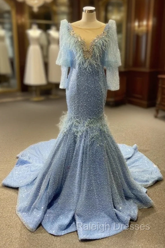 Blue Mermaid Sequins Pearls Long Sleeve Prom Dress Main image
