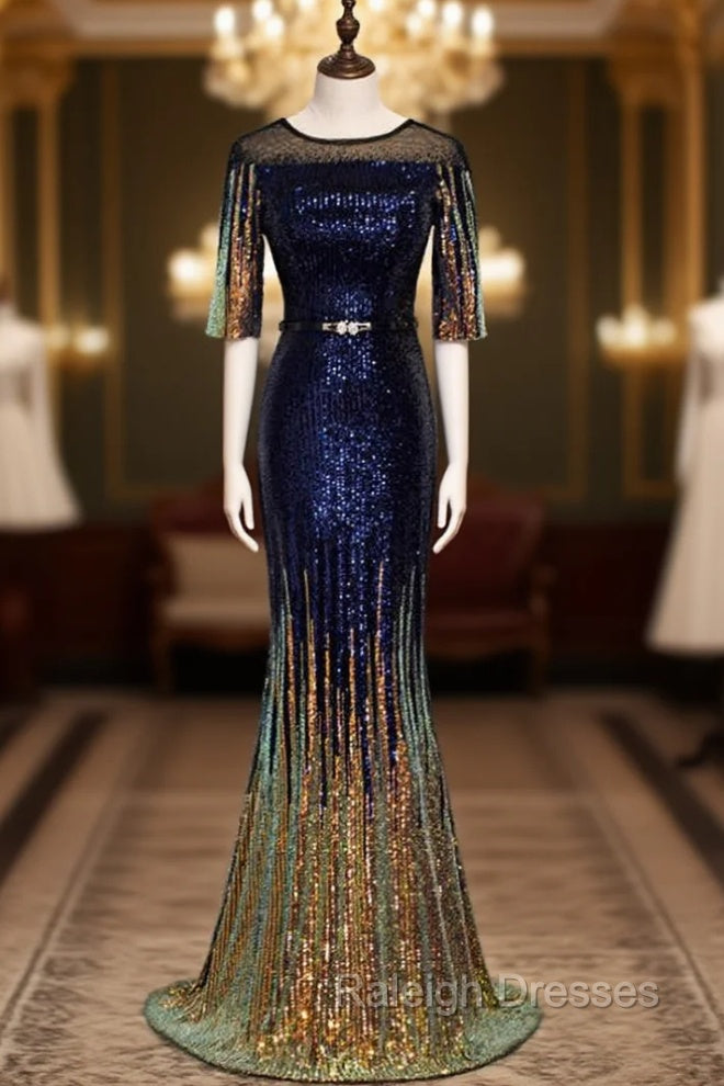 Blue Mermaid Sequins Short Sleeve Belt Prom Dress Main image