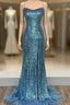 Blue Mermaid Sequins Spaghetti Straps Prom Dress