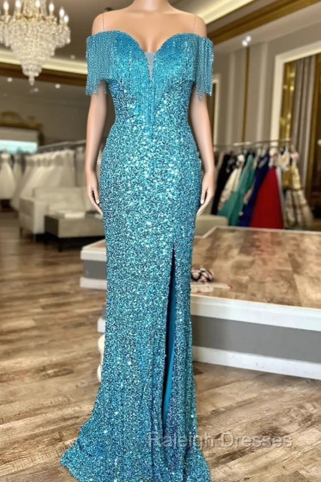 Blue Mermaid Sequins Straps Beading Split prom Dress