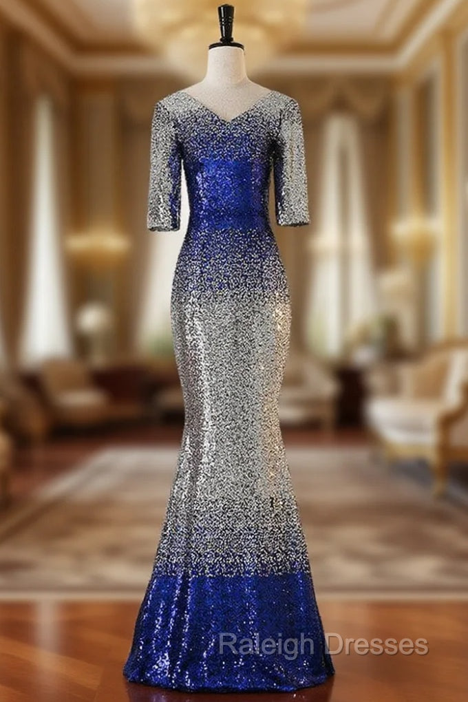 Blue Mermaid Short Sleeve Sequins Prom Dresses