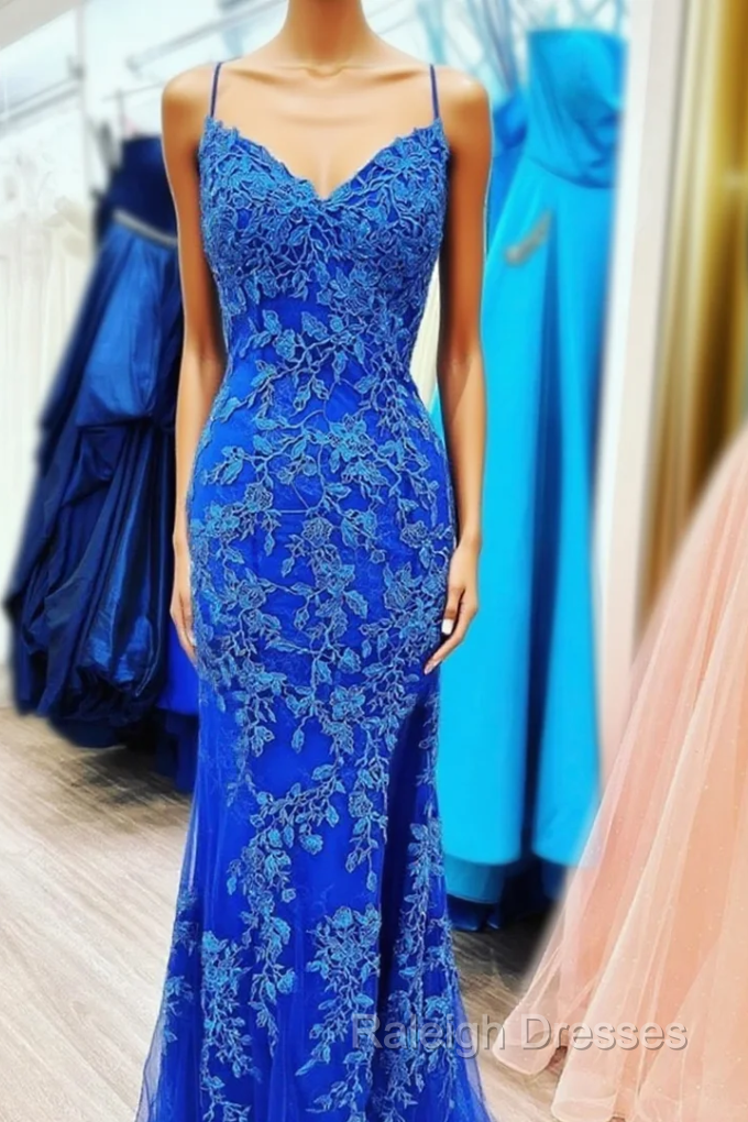 Blue Mermaid Spaghetti Straps Cheap Long Prom Dresses,Evening Party Dresses Main image