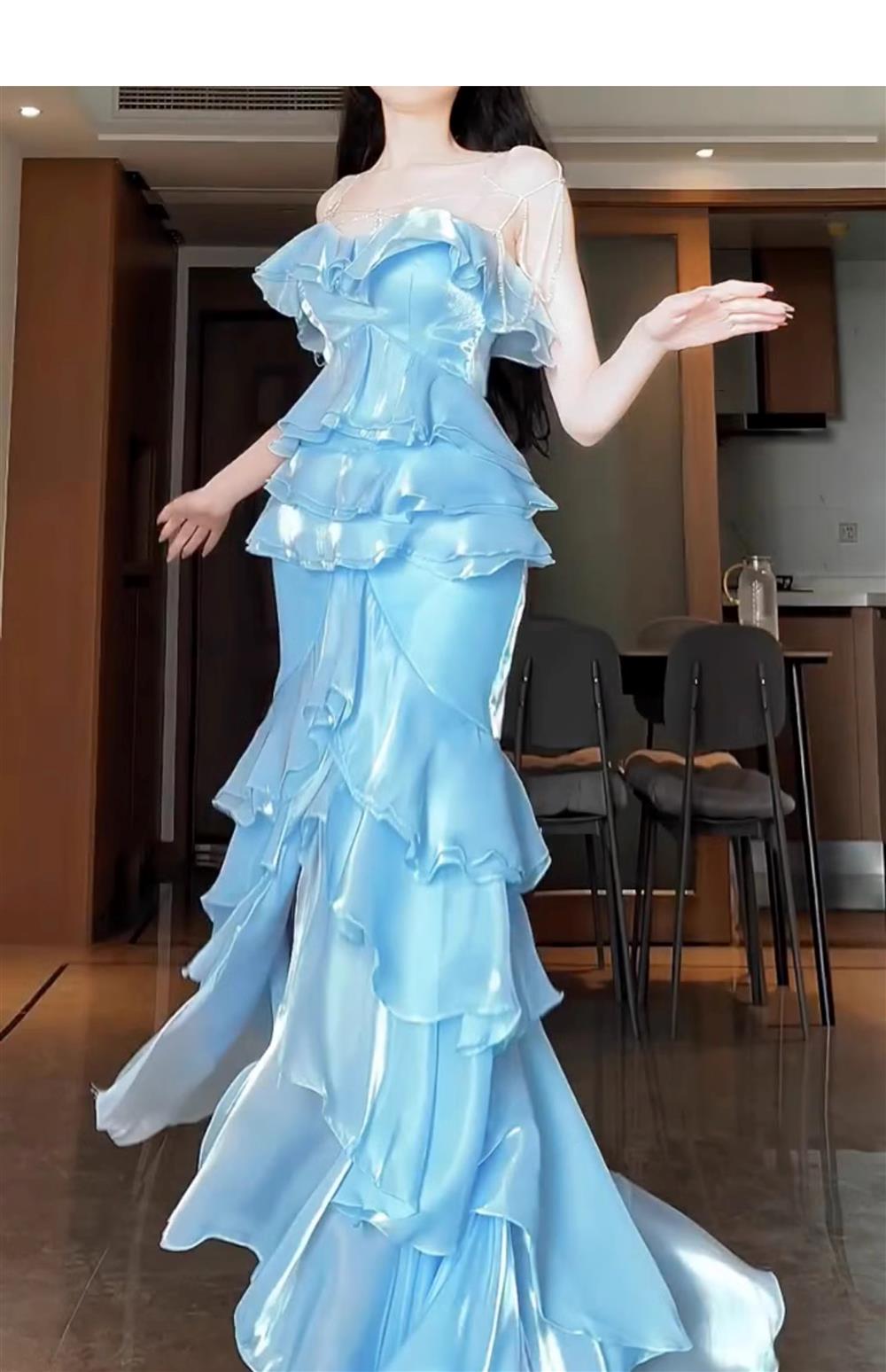 Blue Mermaid Strapless Long Ruffled Prom Dresses Secondary image