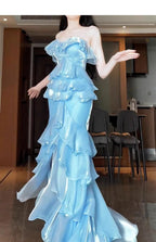 Blue Mermaid Strapless Long Ruffled Prom Dresses