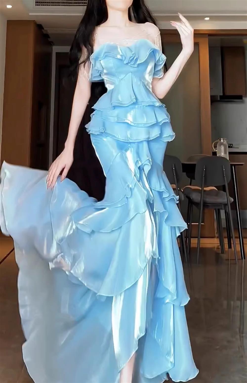 Blue Mermaid Strapless Long Ruffled Prom Dresses