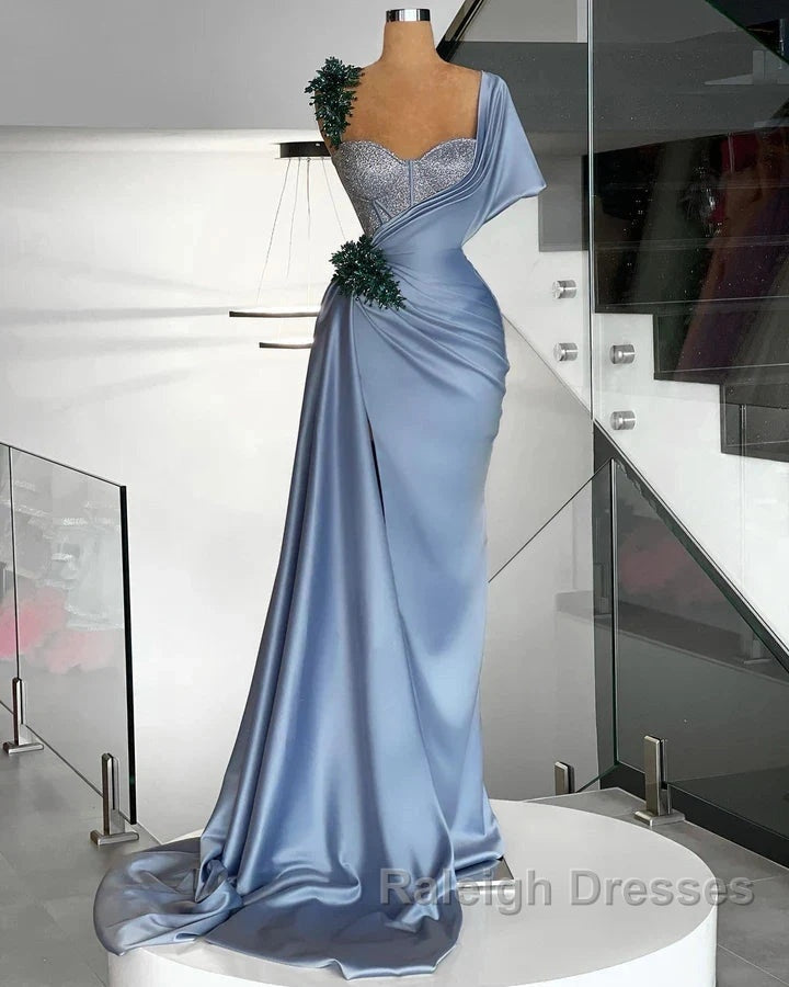 Blue Mermaid Sweetheart Satin Prom Dresses Long Beaded One Shoulder Prom Dresses
