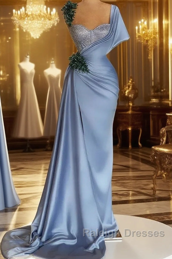 Blue Mermaid Sweetheart Satin Long Prom Dress Beaded One Shoulder Formal Evening Dress
