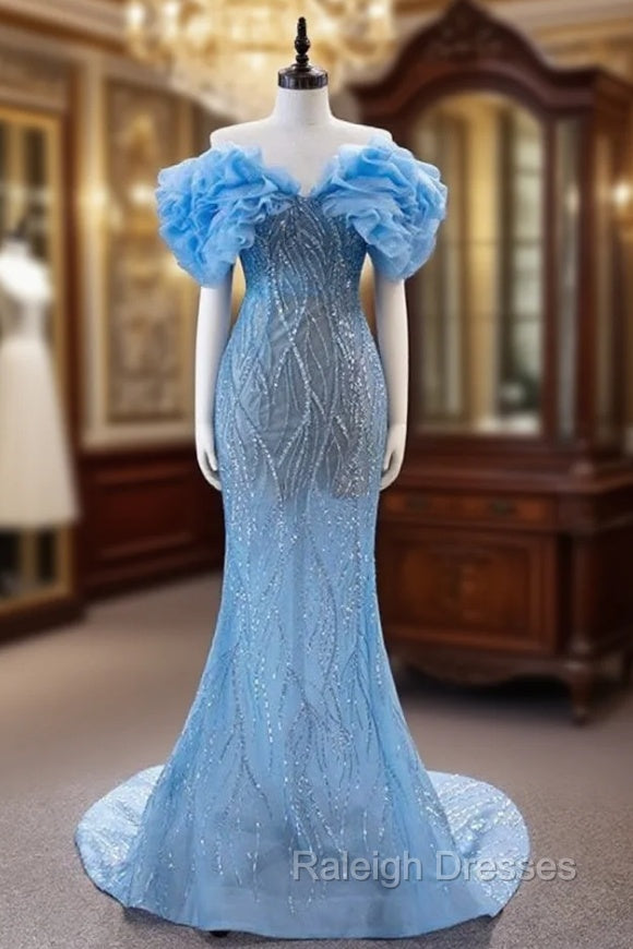 Blue Mermaid Tulle Sequins Off the Shoulder Prom Dress Main image