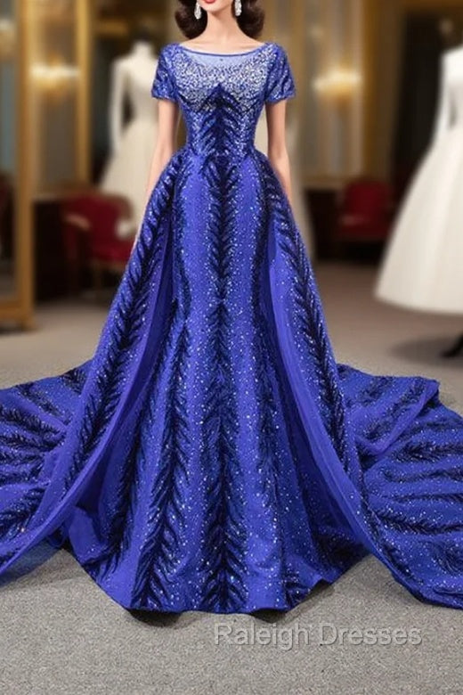 Blue Mermaid Velvet Backless Cap Sleeve Prom Dress With Removable Train Main image