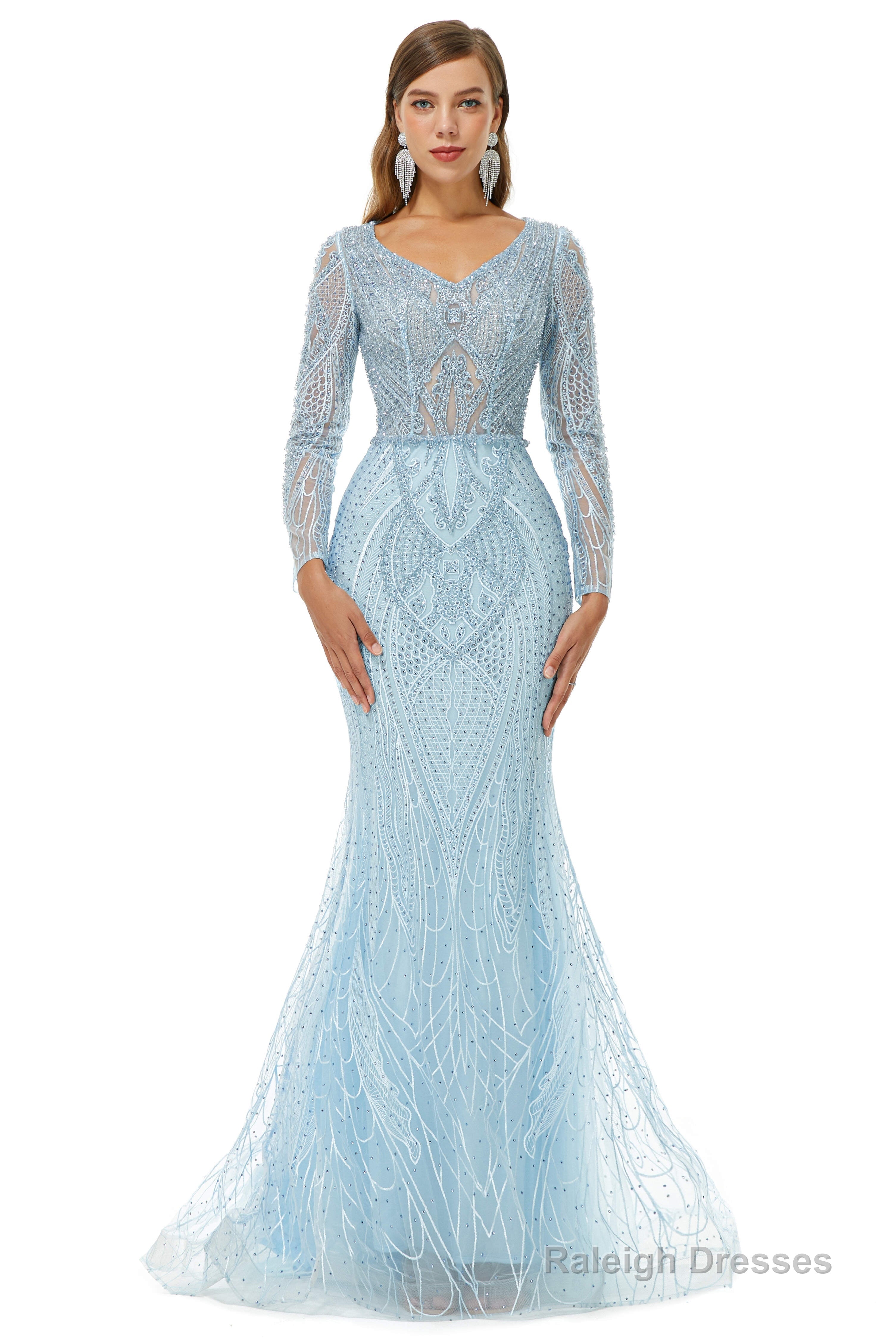 Neckline Long Sleeve Mermaid Lace Pattern Tulle Beading Prom Dresses Secondary image