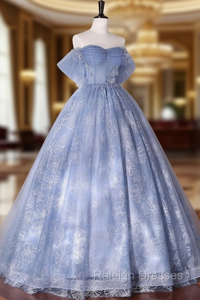 Blue Off Shoulder Ball Gown Floral Tulle Party Dress, Blue Sweet 16 Dress Main image