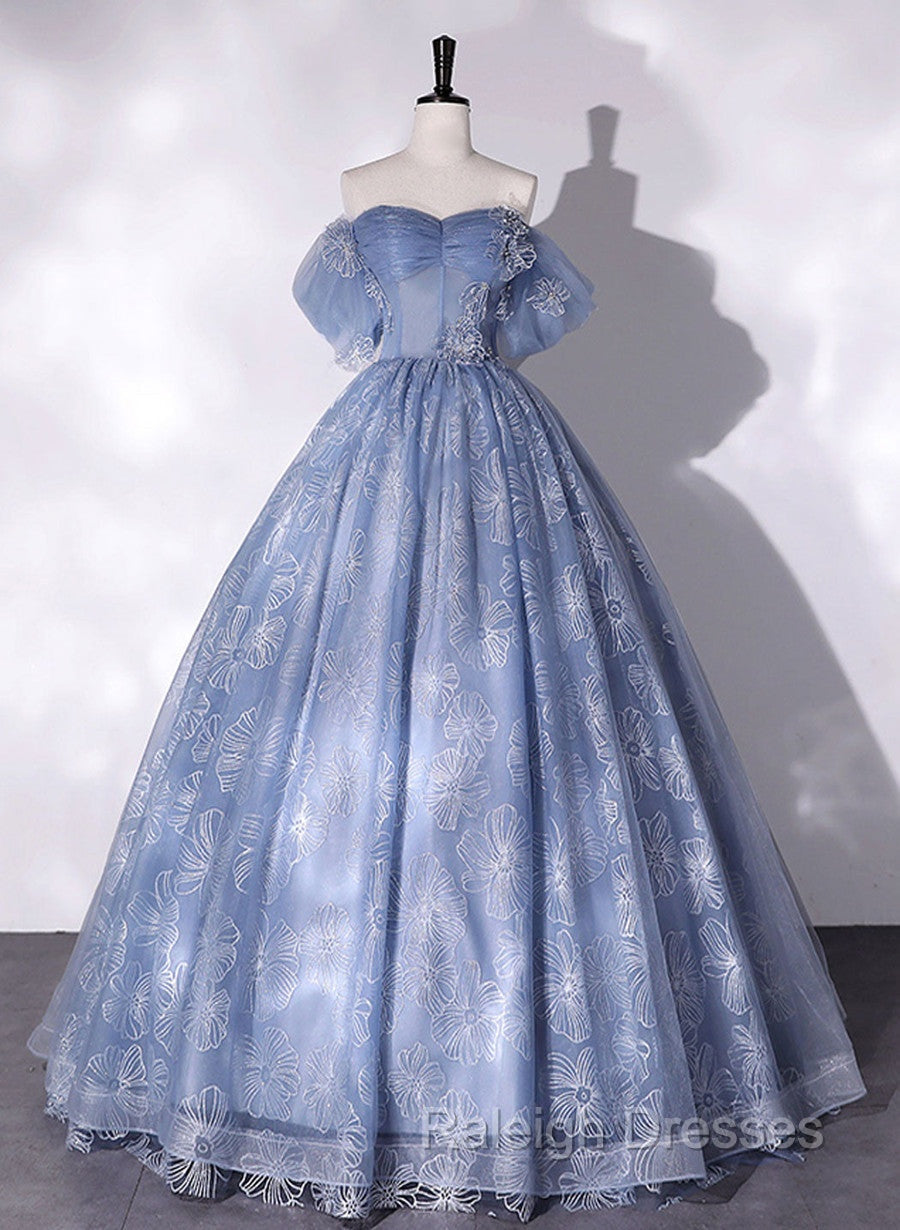 Blue Off Shoulder Ball Gown Floral Tulle Party Dress, Blue Sweet 16 Dress Secondary image
