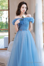 Blue Off Shoulder Beaded A-Line Floor Length Party Dress, Blue Evening Gown