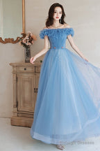 Blue Off Shoulder Beaded A-Line Floor Length Party Dress, Blue Evening Gown