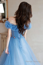 Blue Off Shoulder Beaded A-Line Floor Length Party Dress, Blue Evening Gown