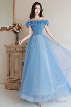 Blue Off Shoulder Beaded A-Line Floor Length Party Dress, Blue Evening Gown