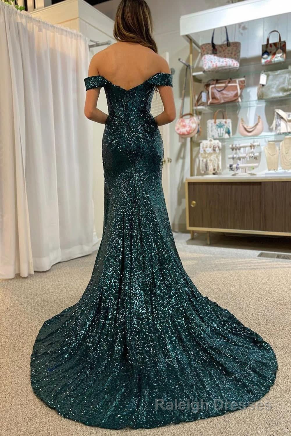 Blue Off Shoulder Mermaid Prom Dress with Slit