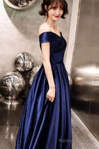 Blue Off Shoulder Prom Dress, Blue Satin Party Gown Prom Dress