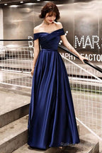 Blue Off Shoulder Prom Dress, Blue Satin Party Gown Prom Dress