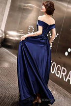 Blue Off Shoulder Prom Dress, Blue Satin Party Gown Prom Dress