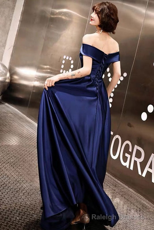 Blue Off Shoulder Prom Dress, Blue Satin Party Gown Prom Dress